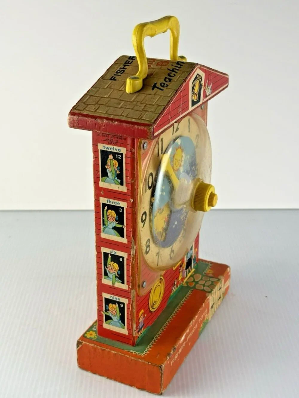 Vintage Fisher Price Music Box Teaching Clock 998 Wooden Toy As is